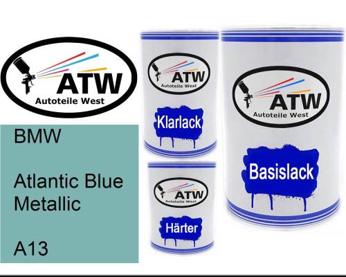 BMW, Atlantic Blue Metallic, A13: 500ml Lackdose + 500ml Klarlack + 250ml Härter - Set, von ATW Autoteile West.